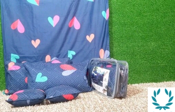 Cotton Blend 5pcs Bedding Setwith One double bedsheet with 2 Quited Pillow Covers and 2 Quilted Cushions - Queen Size, Cotton Blend, 3d Printed, 5pcs of 1 Pack